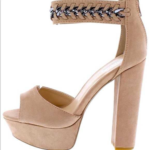 Jayda Nude Chain Tan Peep Toe Ankle Strap Chunky Platform Heels - Picture 2 of 4